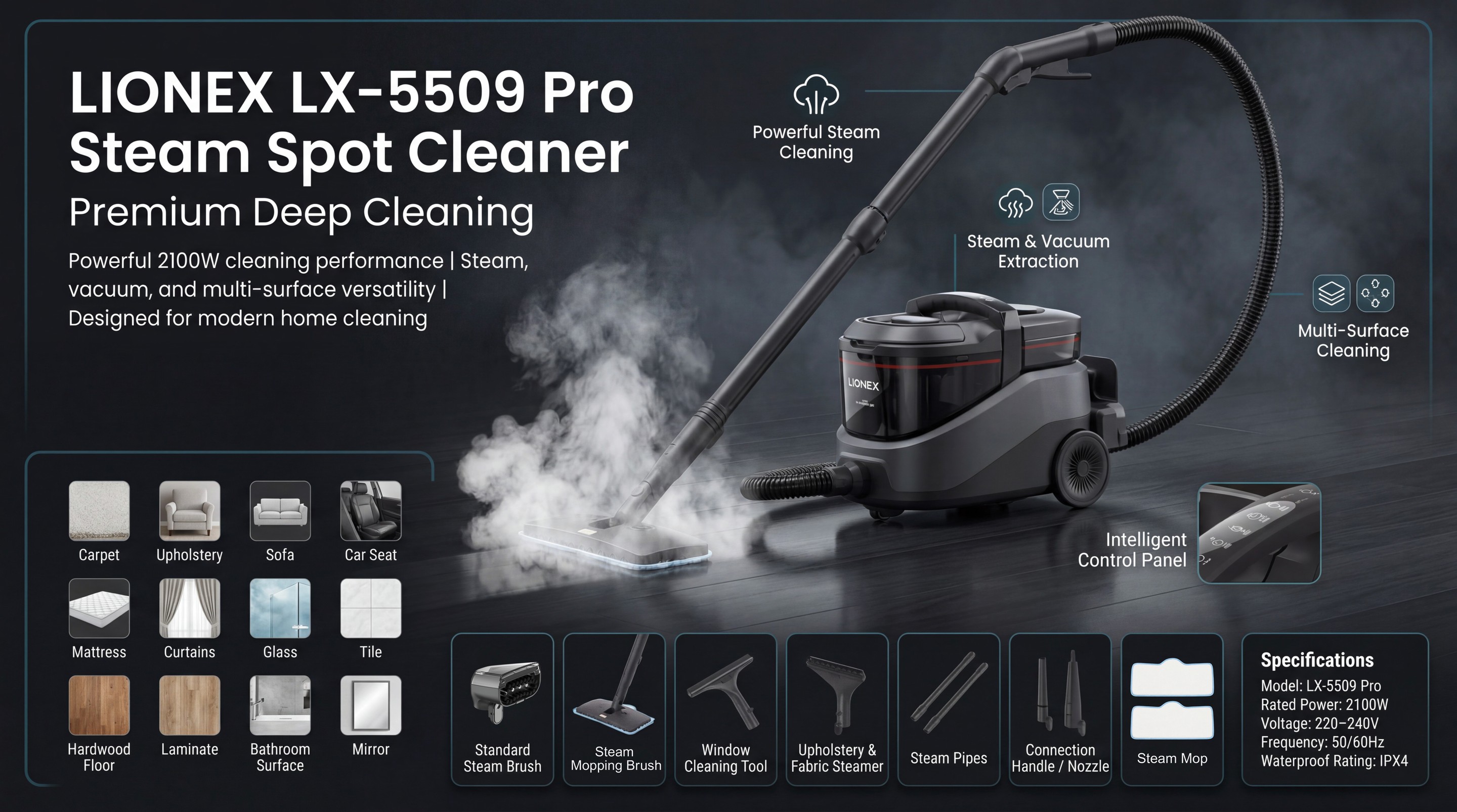 LIONEX LX-5509 Pro Steam Spot Cleaner — Premium Deep Cleaning